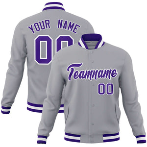 Custom Gray Purple-White Classic Style Varsity Full-Snap Letterman Jacket