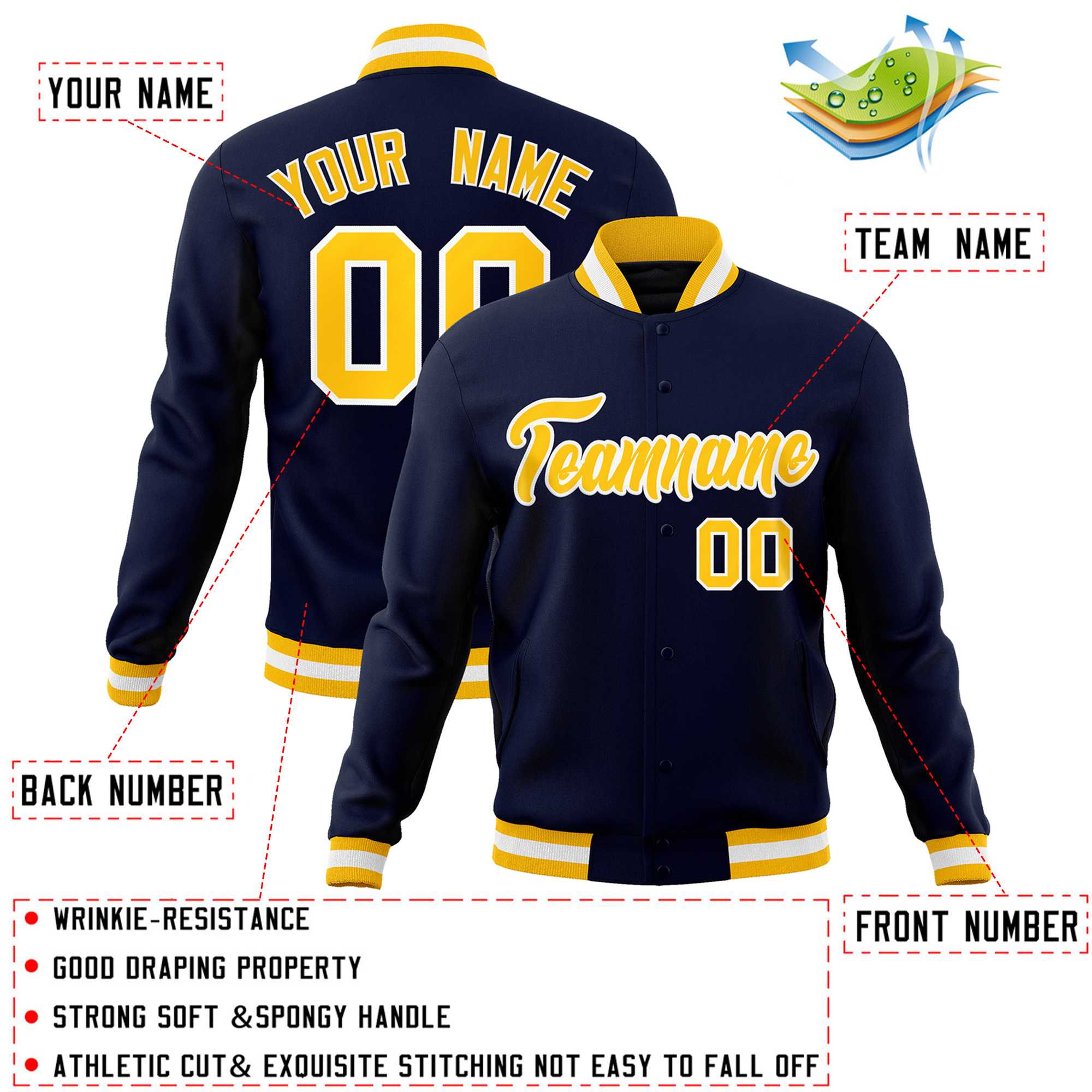 Custom Navy Gold-White Classic Style Varsity Full-Snap Letterman Jacket