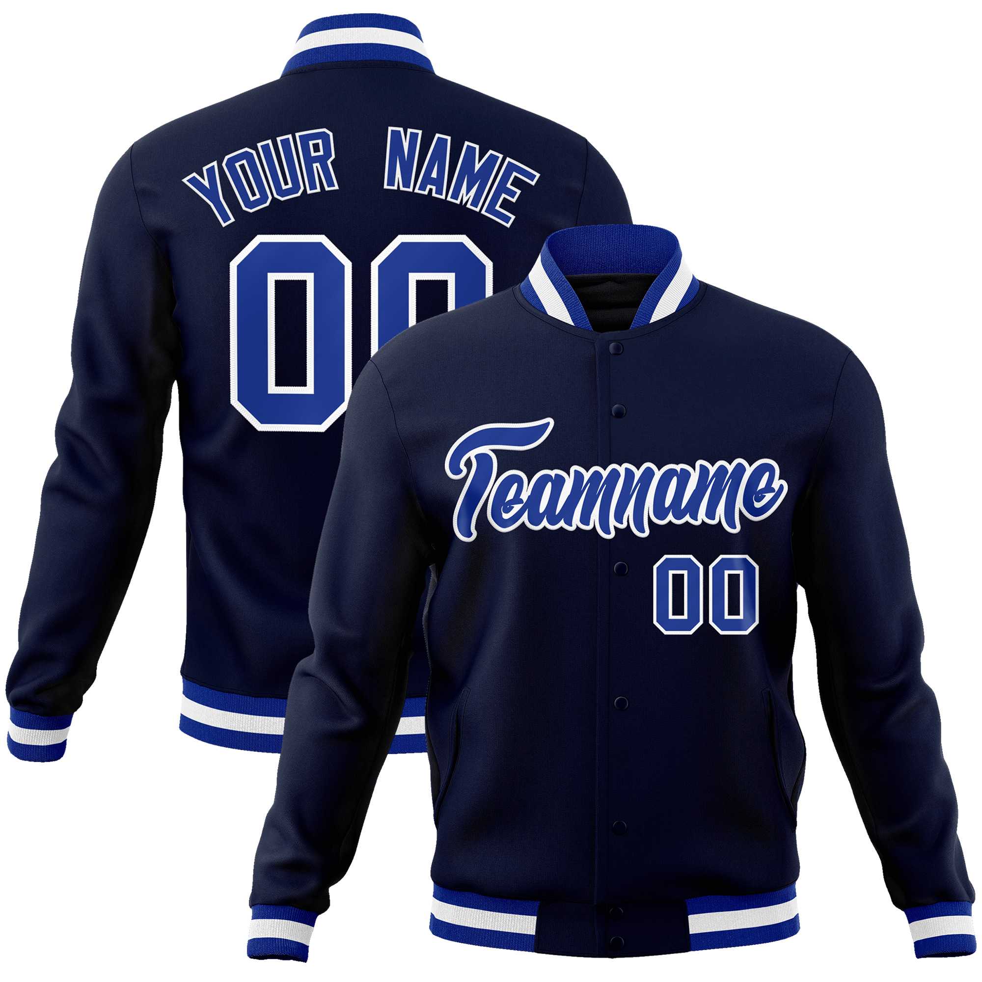 Custom Navy Royal-White Classic Style Varsity Full-Snap Letterman Jacket