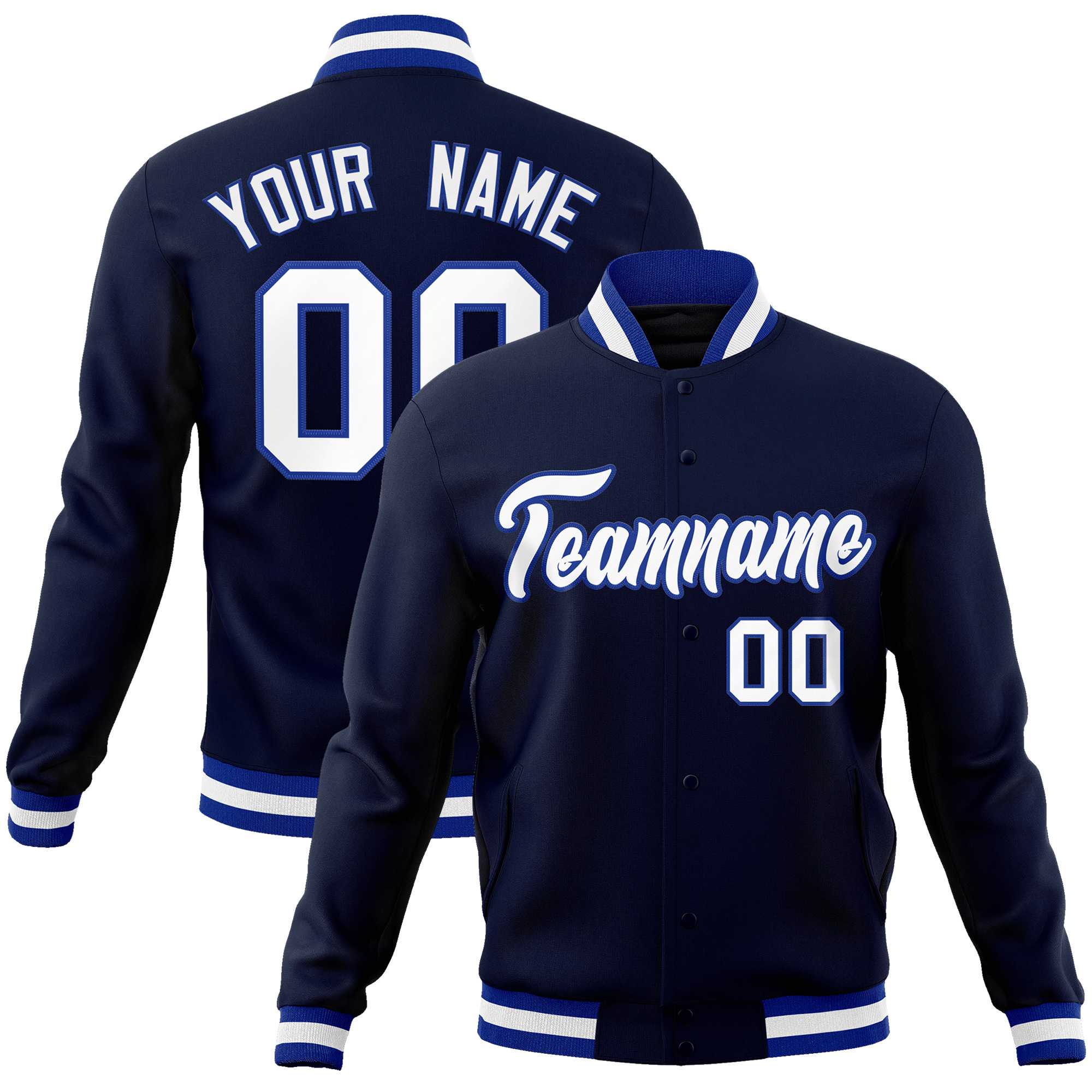 Custom Navy White-Royal Classic Style Varsity Full-Snap Letterman Jacket