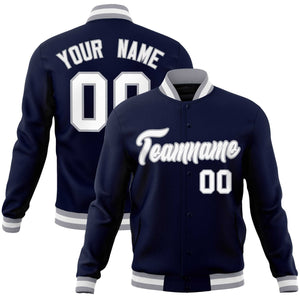 Custom Navy White-Gray Classic Style Varsity Full-Snap Letterman Jacket