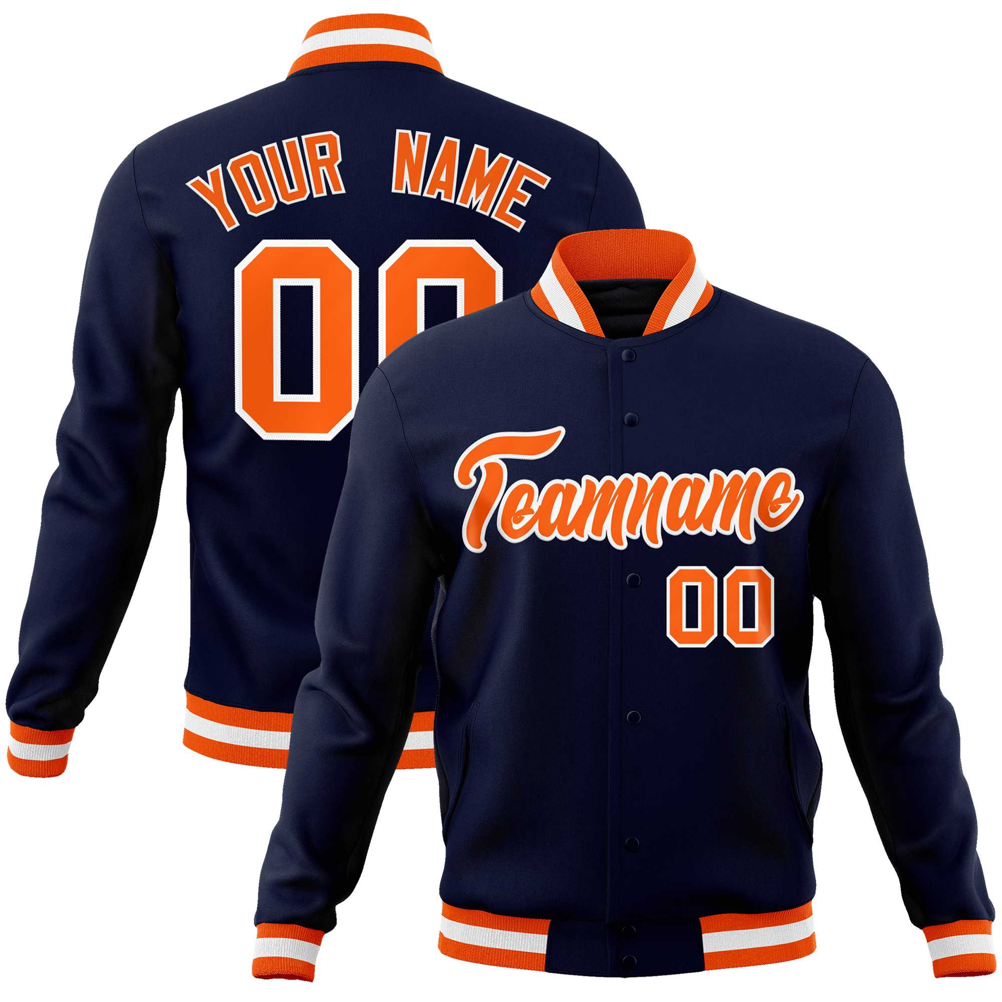 Custom Navy Orange-White Classic Style Varsity Full-Snap Letterman Jacket