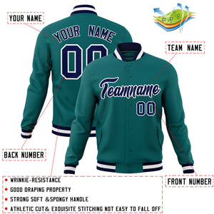 Custom Aqua Navy-White Classic Style Varsity Full-Snap Letterman Jacket