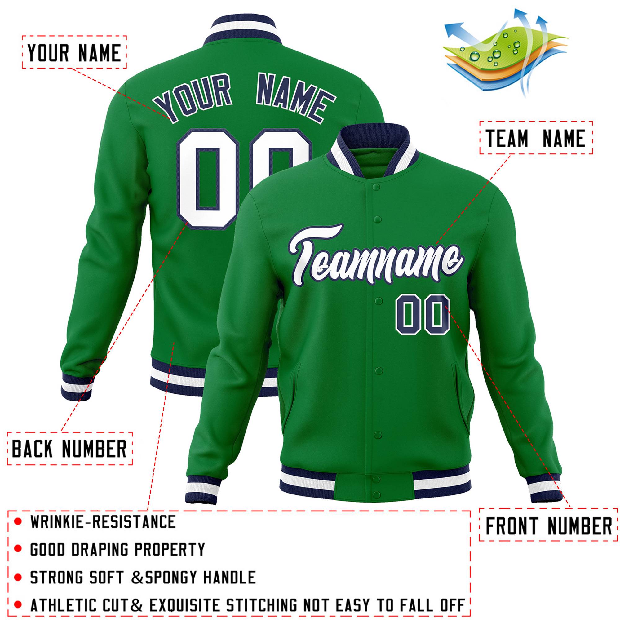 Custom Green White-Navy Classic Style Varsity Full-Snap Letterman Jacket