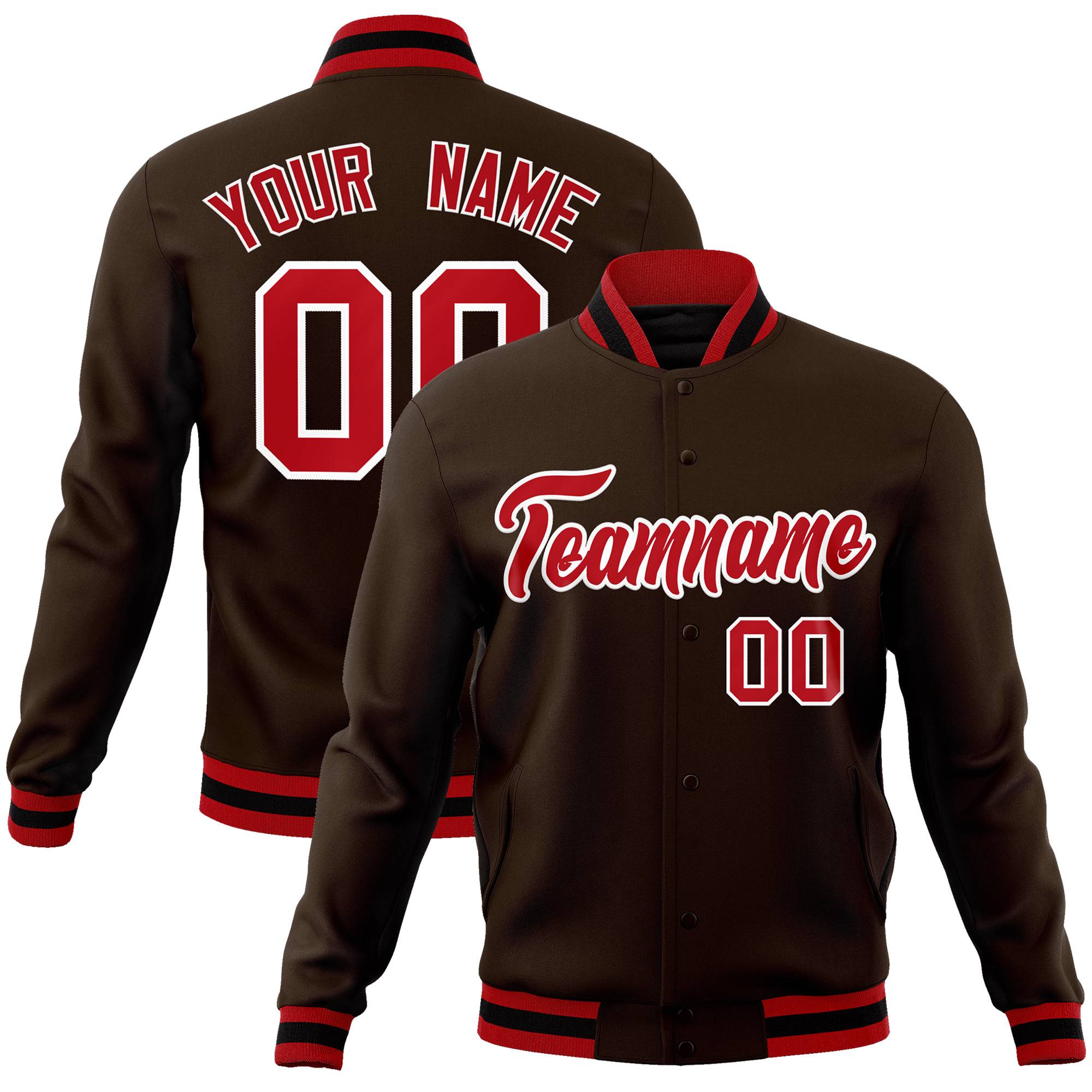 Custom Brown Red-White Classic Style Varsity Full-Snap Letterman Jacket