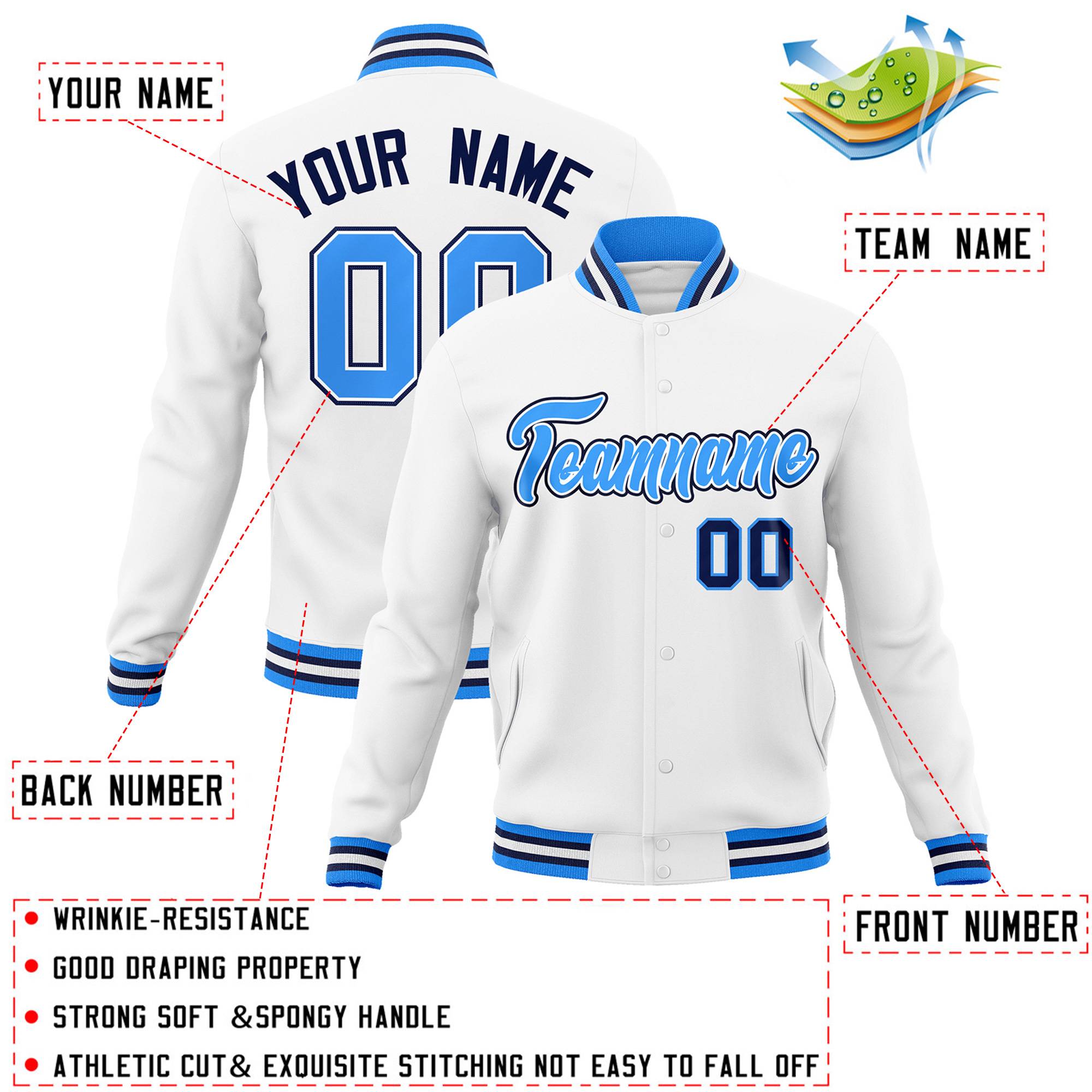 Custom White Powder Blue-White Classic Style Varsity Full-Snap Letterman Jacket