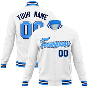 Custom White Powder Blue-White Classic Style Varsity Full-Snap Letterman Jacket