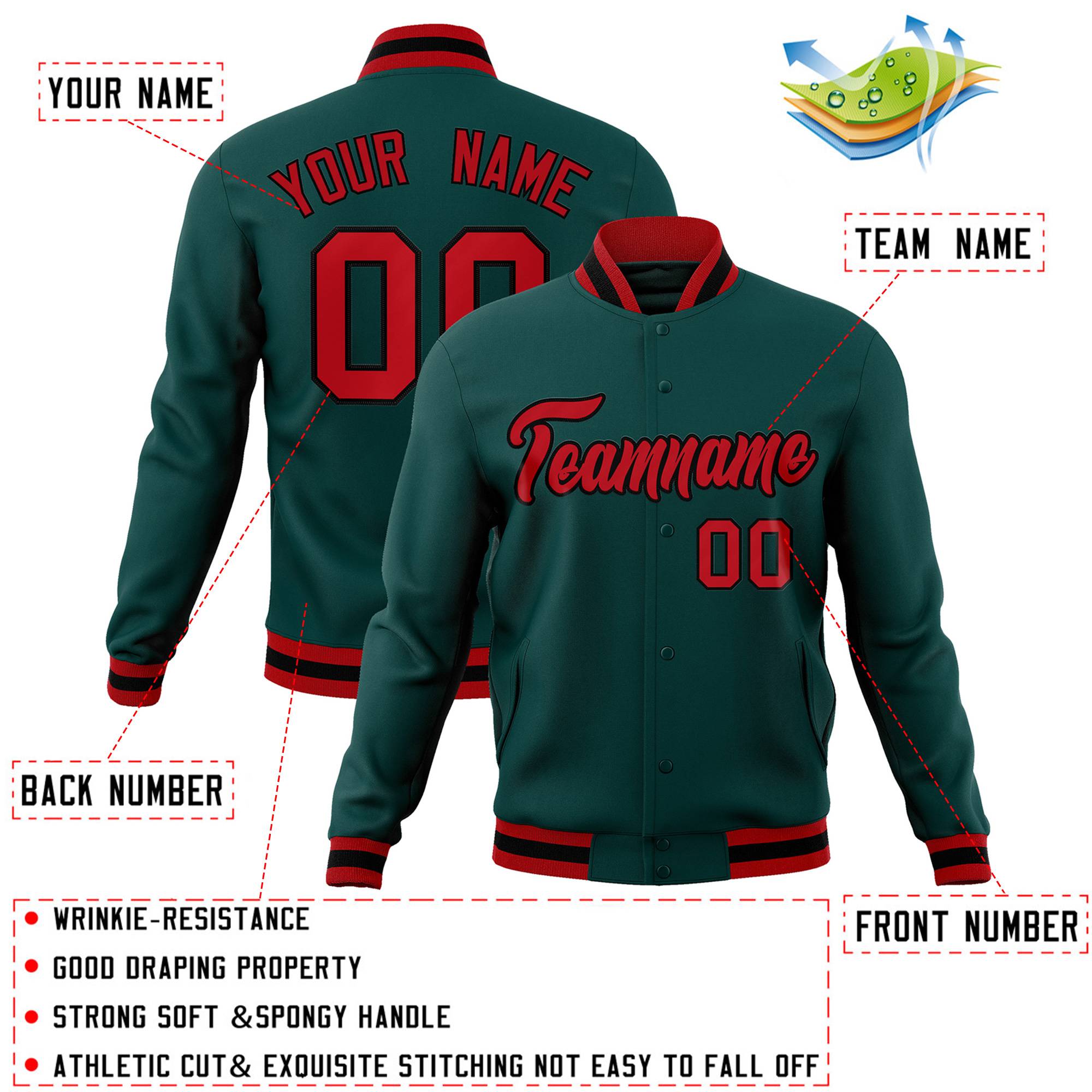 Veste Letterman personnalisée de style classique vert minuit rouge-noir