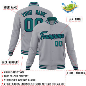 Custom Gray Aqua-Navy Classic Style Varsity Full-Snap Letterman Jacket