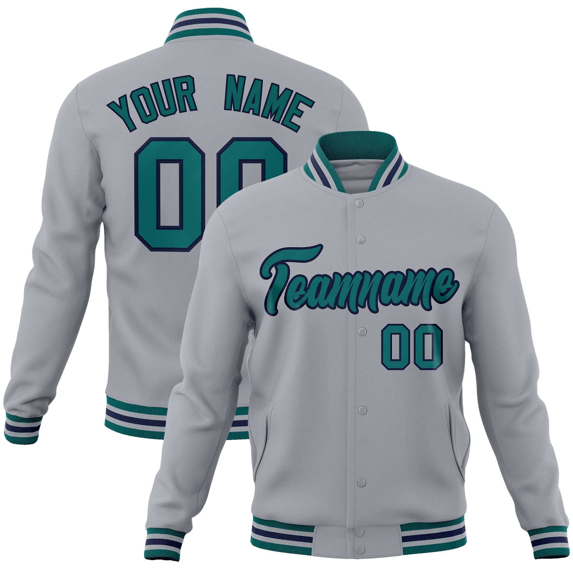 Custom Gray Aqua-Navy Classic Style Varsity Full-Snap Letterman Jacket