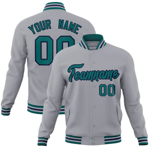 Custom Gray Aqua-Navy Classic Style Varsity Full-Snap Letterman Jacket