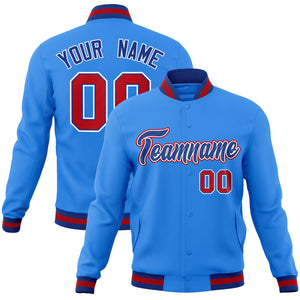 Custom Powder Blue Royal-White Classic Style Varsity Full-Snap Letterman Jacket