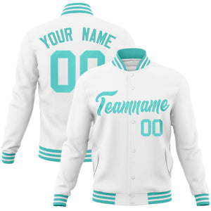 Custom White Aqua Classic Style Varsity Full-Snap Letterman Jacket