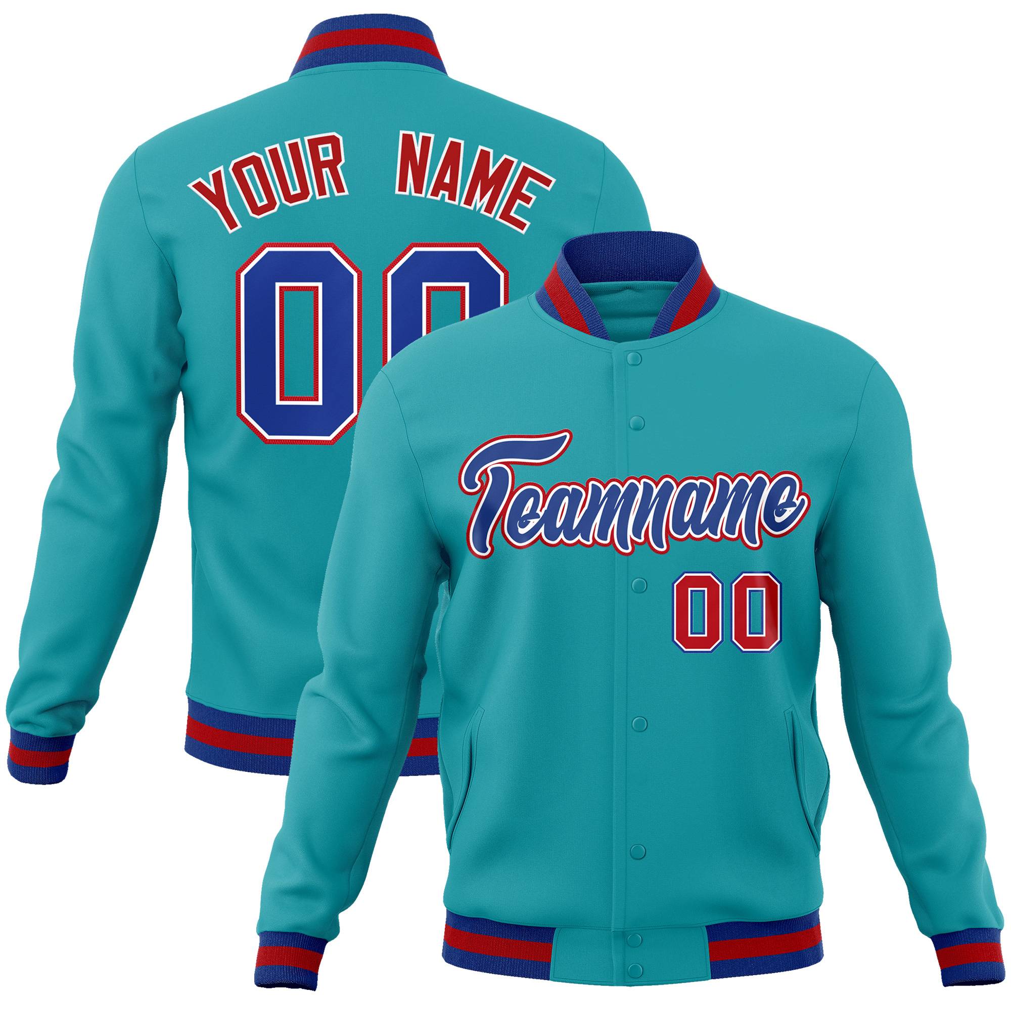 Custom Aqua Royal-White Classic Style Varsity Full-Snap Letterman Jacket