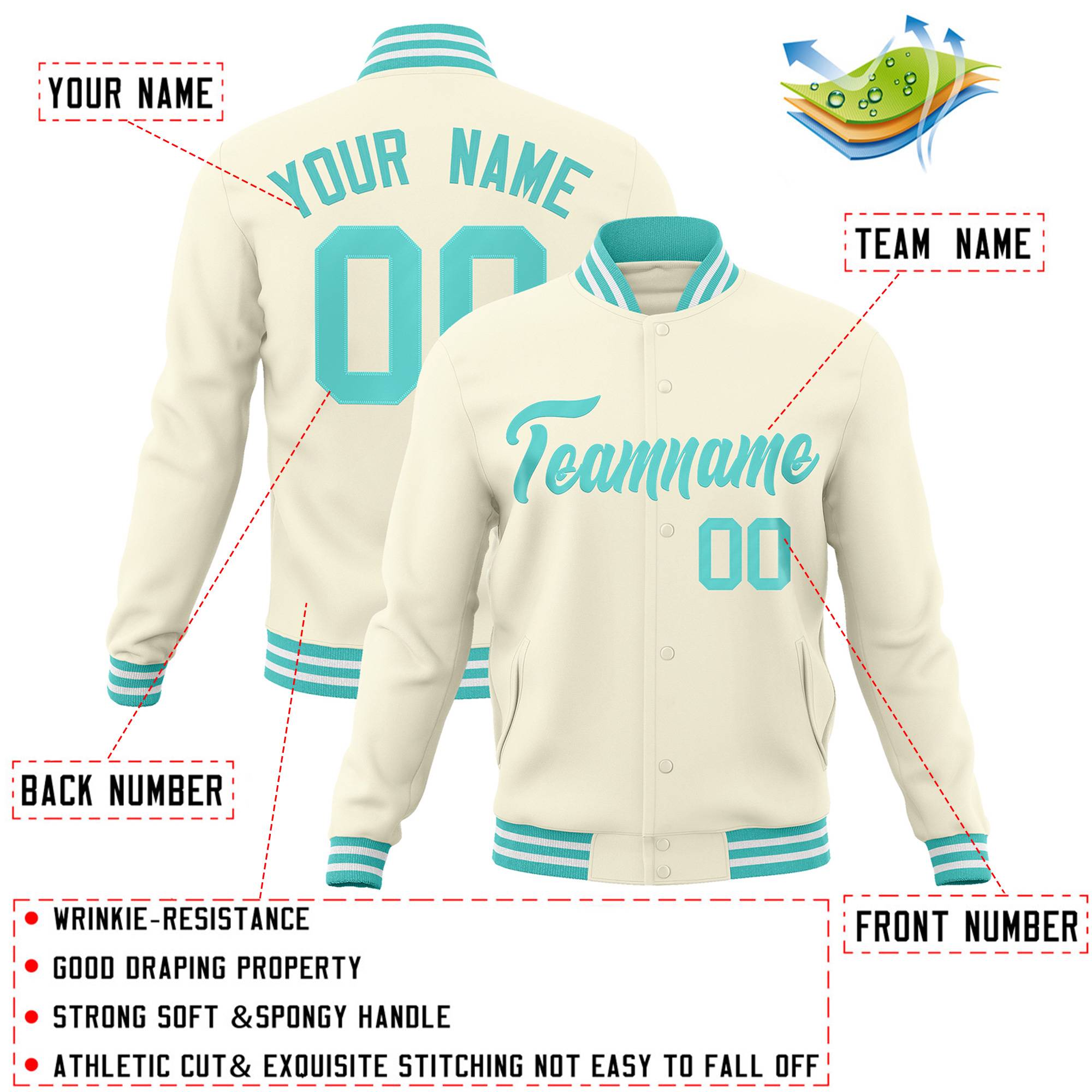 Custom Khaki Aqua Classic Style Varsity Full-Snap Letterman Jacket