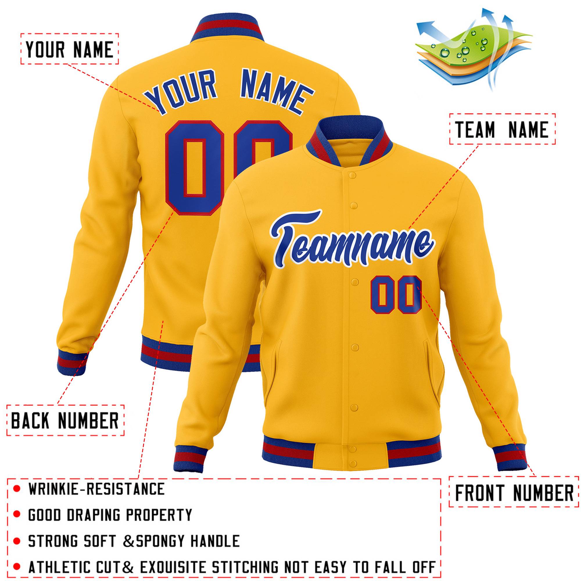 Custom Gold Royal Classic Style Varsity Full-Snap Letterman Jacket