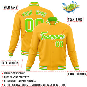 Custom Gold Neon Green-White Classic Style Varsity Full-Snap Letterman Jacket