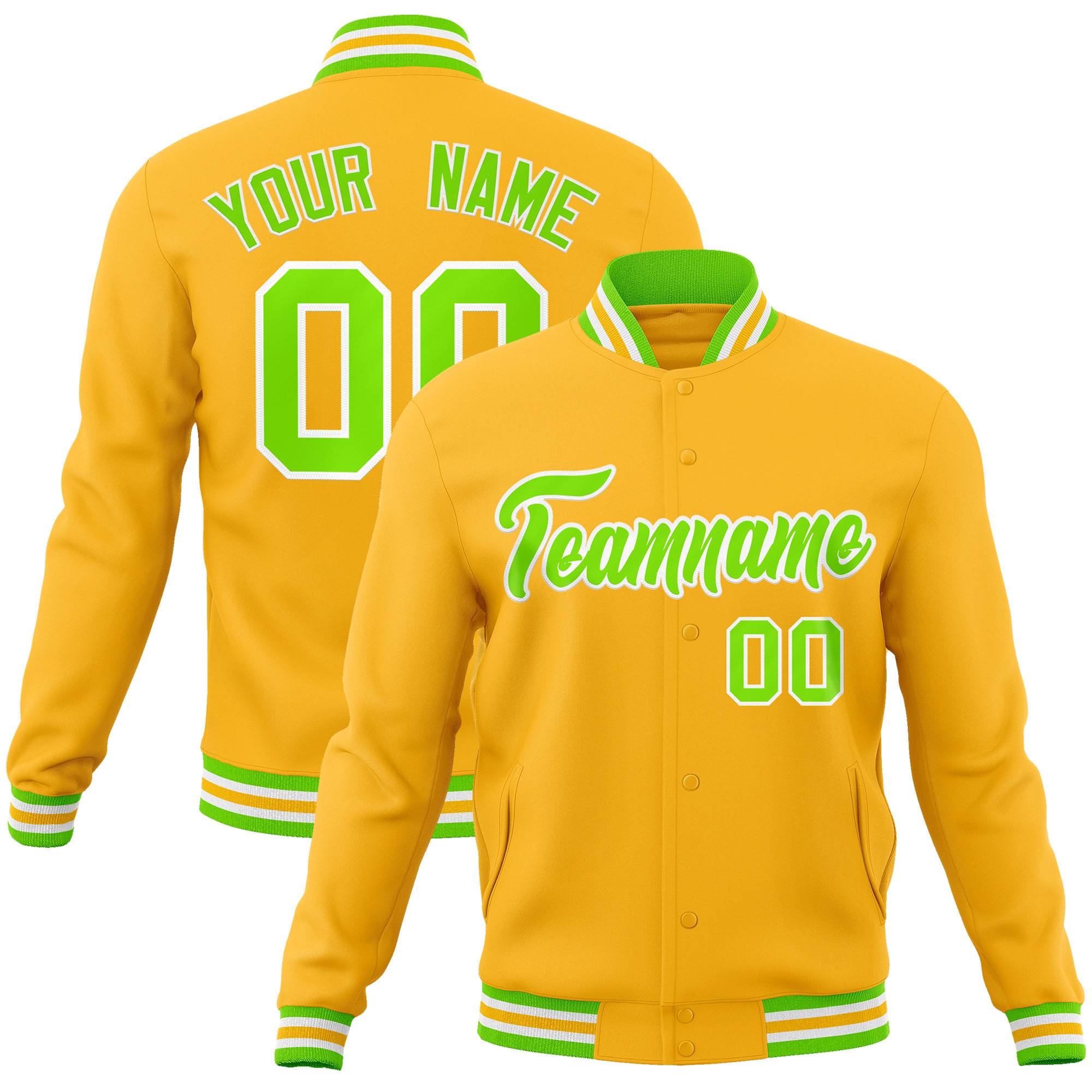 Custom Gold Neon Green-White Classic Style Varsity Full-Snap Letterman Jacket