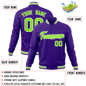 Custom Purple Neon Green-White Classic Style Varsity Full-Snap Letterman Jacket