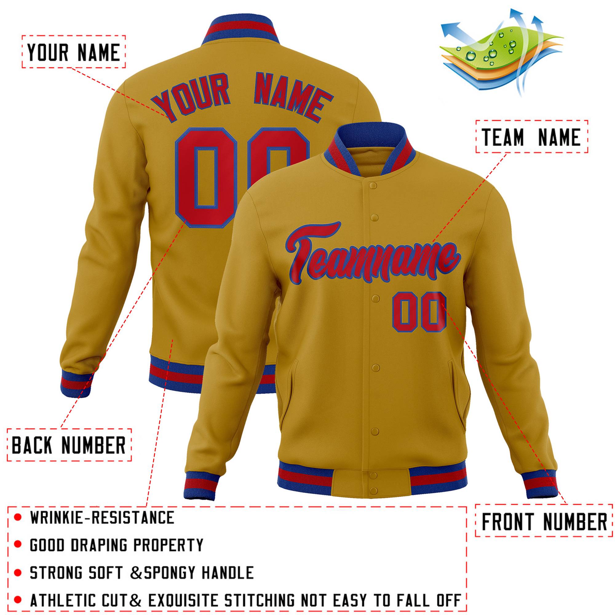 Custom Old Gold Red-Royal Classic Style Varsity Full-Snap Letterman Jacket