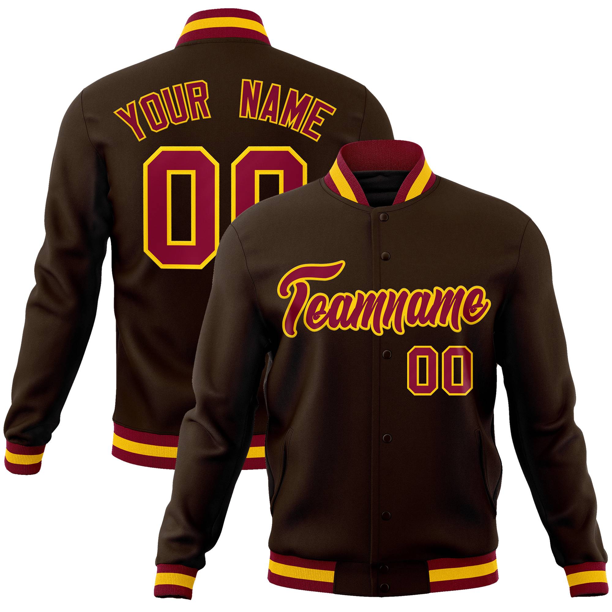 Custom Brown Crimson-Gold Classic Style Varsity Full-Snap Letterman Jacket