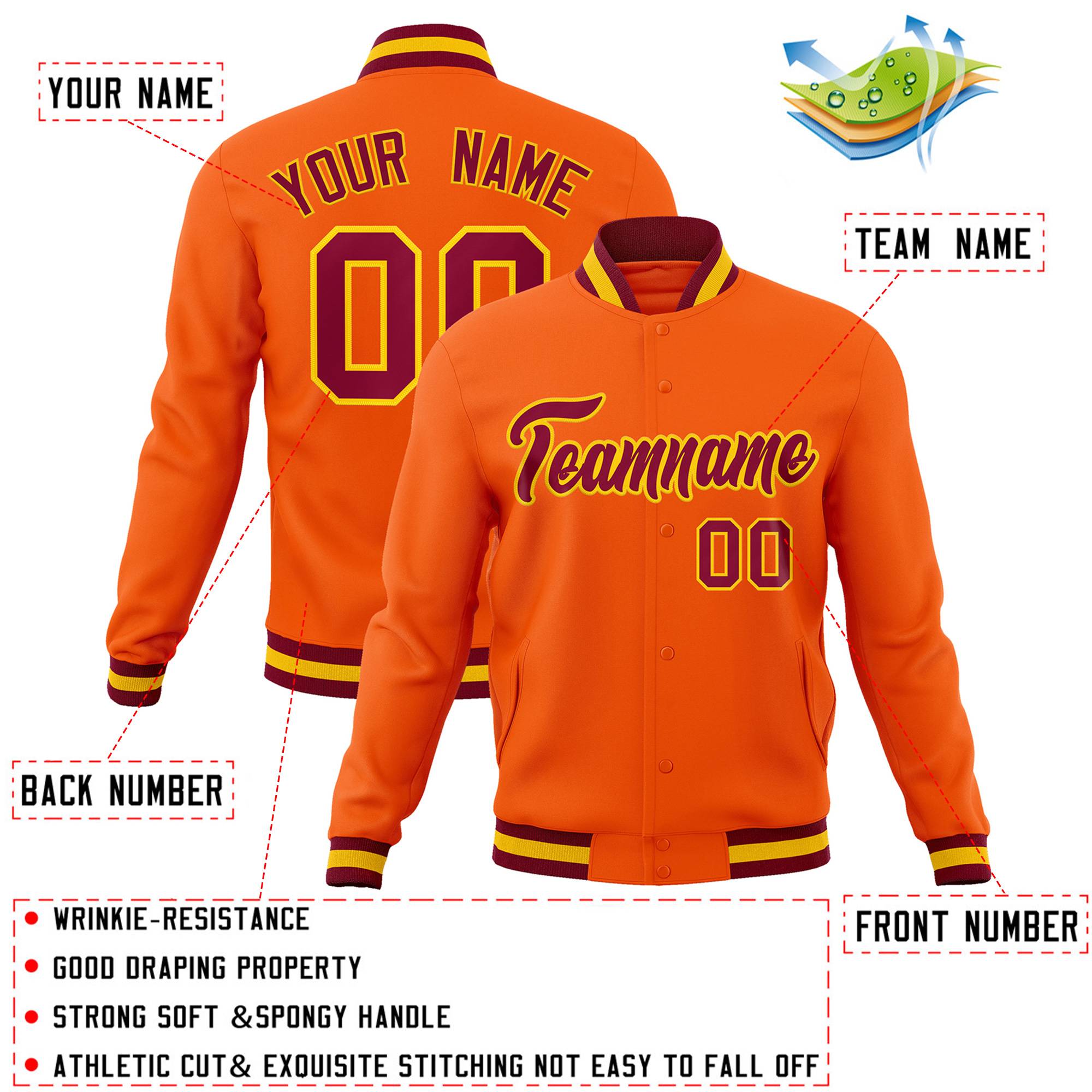 Custom Orange Crimson-Gold Classic Style Varsity Full-Snap Letterman Jacket