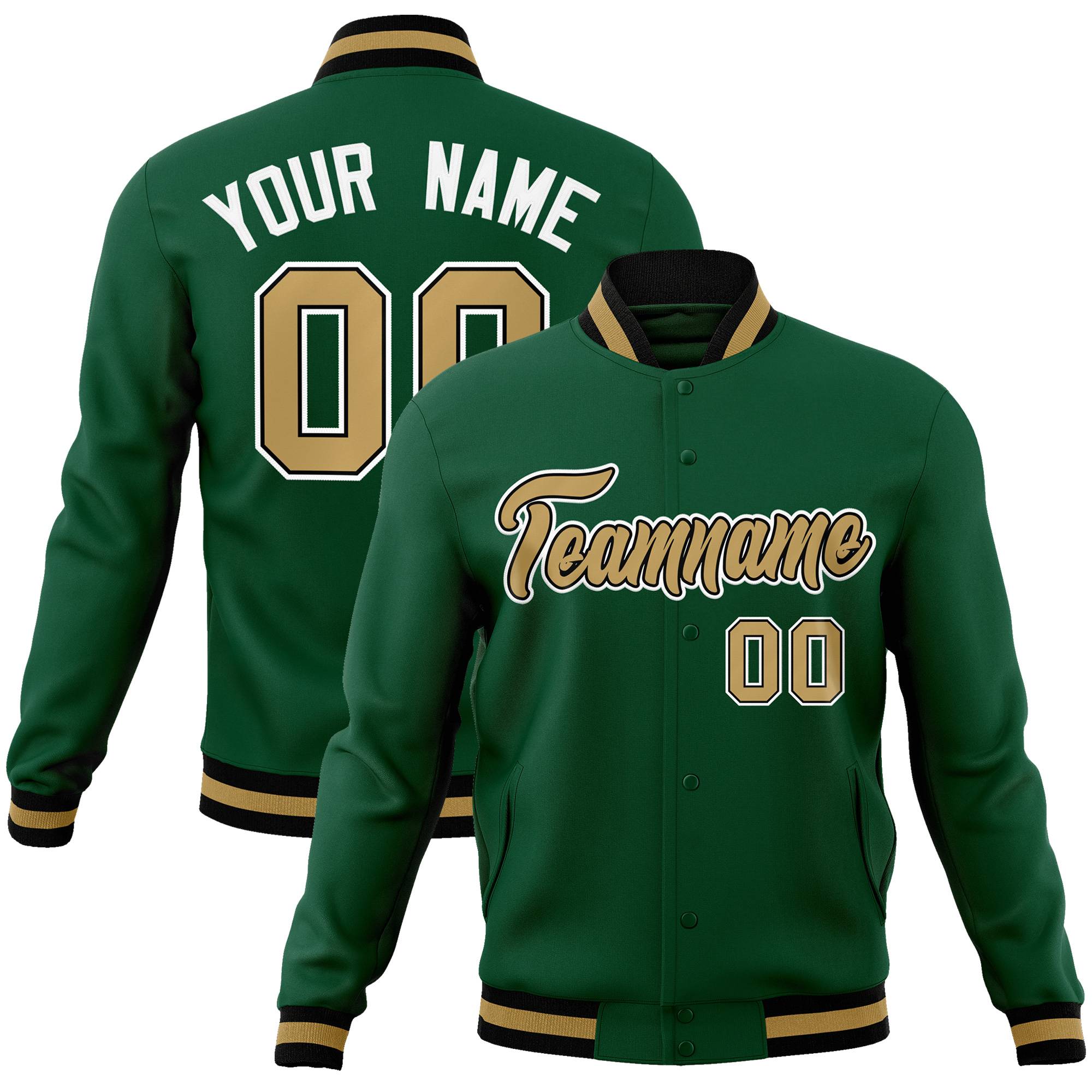 Custom Green Old Gold-Black Classic Style Varsity Full-Snap Letterman Jacket