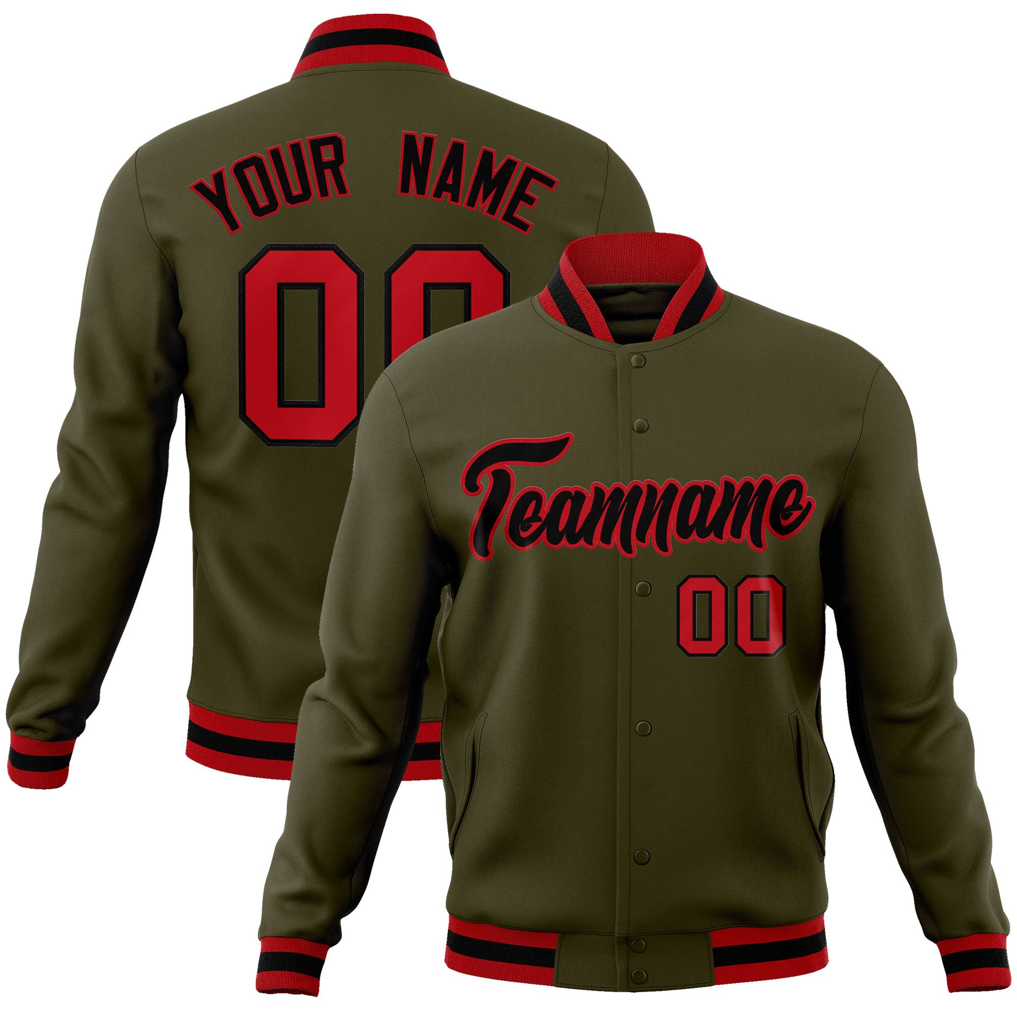 Custom Olive Black-Red Classic Style Varsity Full-Snap Letterman Jacket