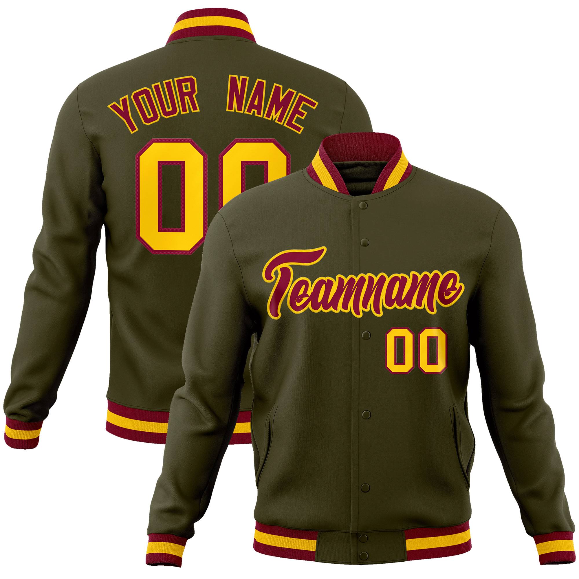 Custom Olive Crimson-Gold Classic Style Varsity Full-Snap Letterman Jacket