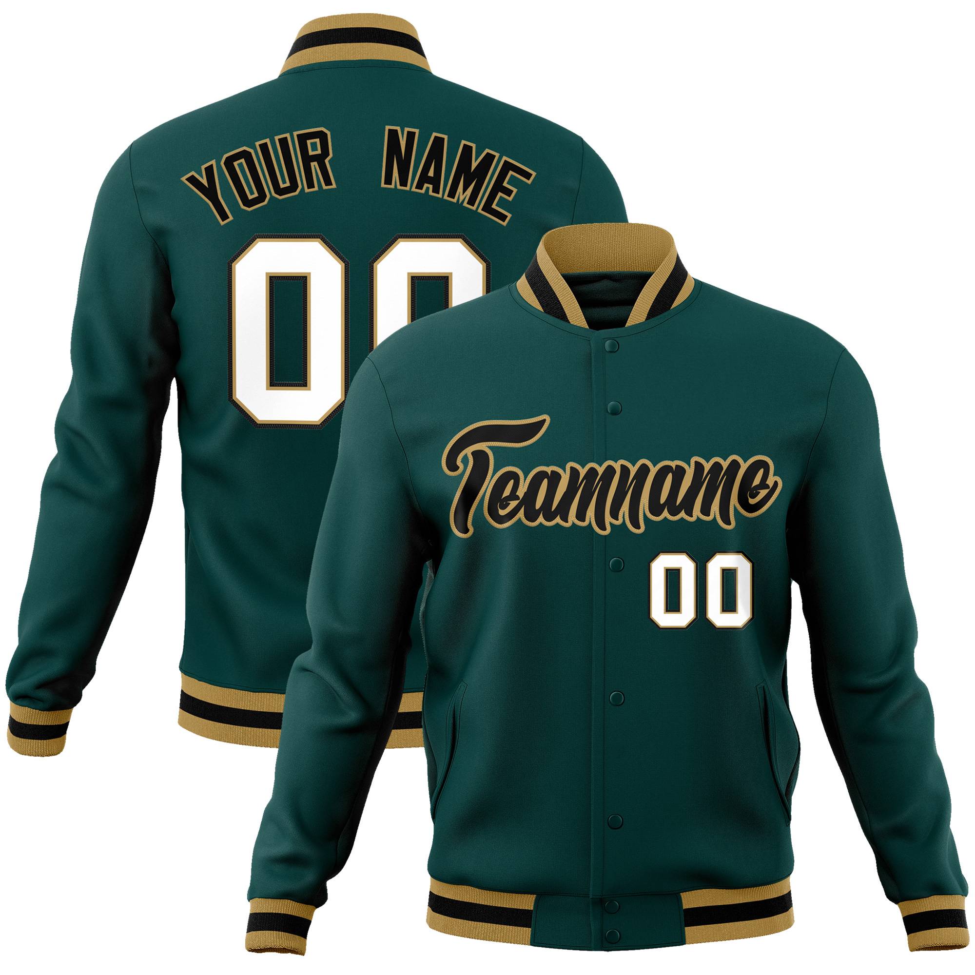 Custom Midnight Green Black-Old Gold Classic Style Varsity Full-Snap Letterman Jacket