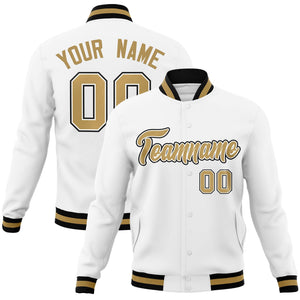 Custom White Old Gold-White Classic Style Varsity Full-Snap Letterman Jacket