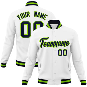 Custom White Navy-Neon Green Classic Style Varsity Full-Snap Letterman Jacket