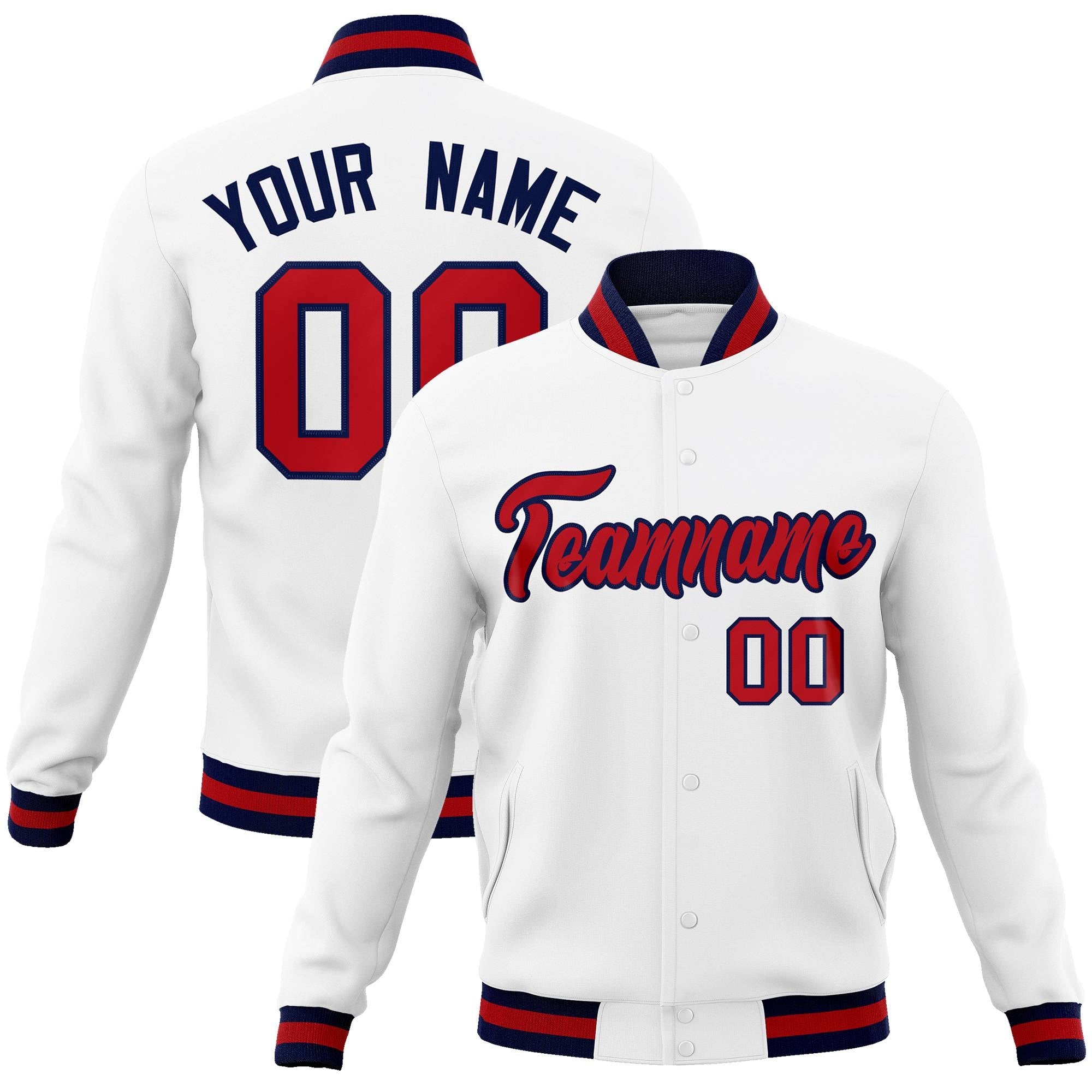 Custom White Red-Navy Classic Style Varsity Full-Snap Letterman Jacket