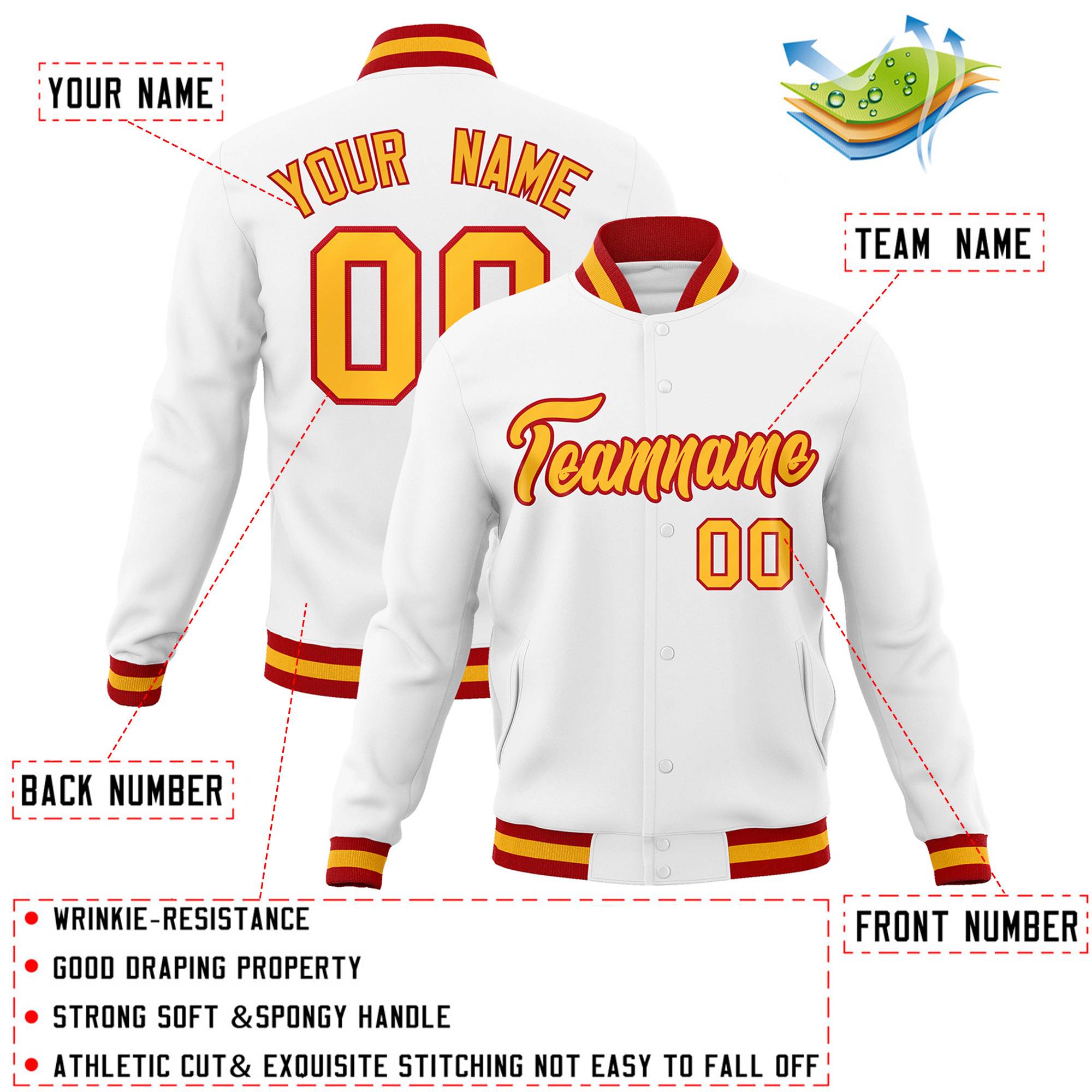 Custom White Yellow-Red Classic Style Varsity Full-Snap Letterman Jacket