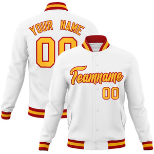 Custom White Yellow-Red Classic Style Varsity Full-Snap Letterman Jacket