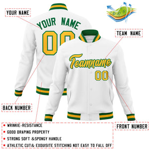 Custom White Yellow-Green Classic Style Varsity Full-Snap Letterman Jacket