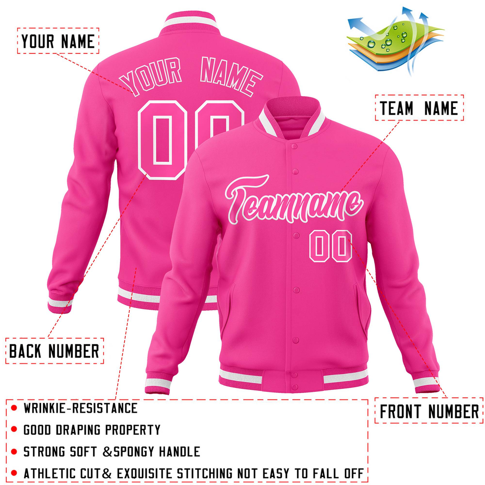 Custom Pink Pink-White Classic Style Varsity Full-Snap Letterman Jacket