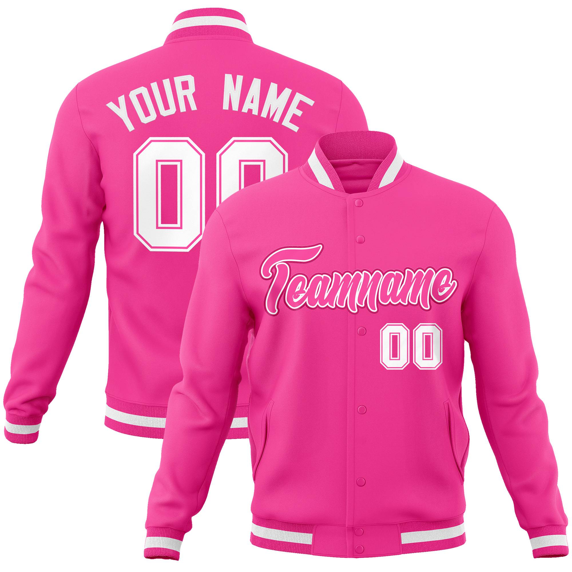 Custom Pink Pink-White Classic Style Varsity Full-Snap Letterman Jacket