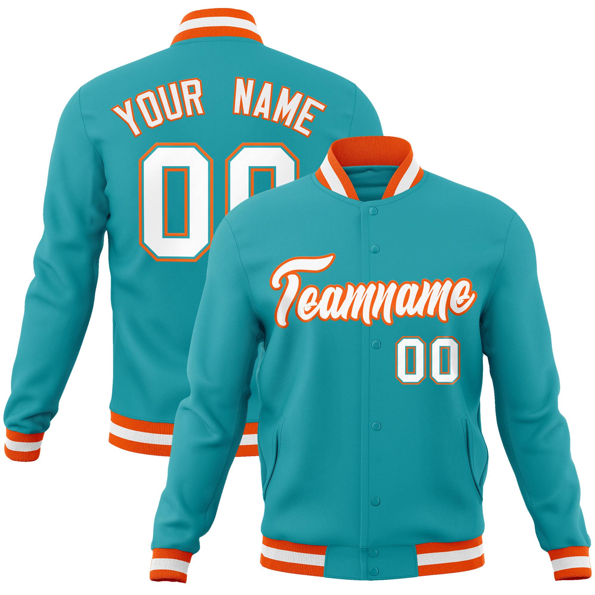 Custom Aqua White-Orange Classic Style Varsity Full-Snap Letterman Jacket