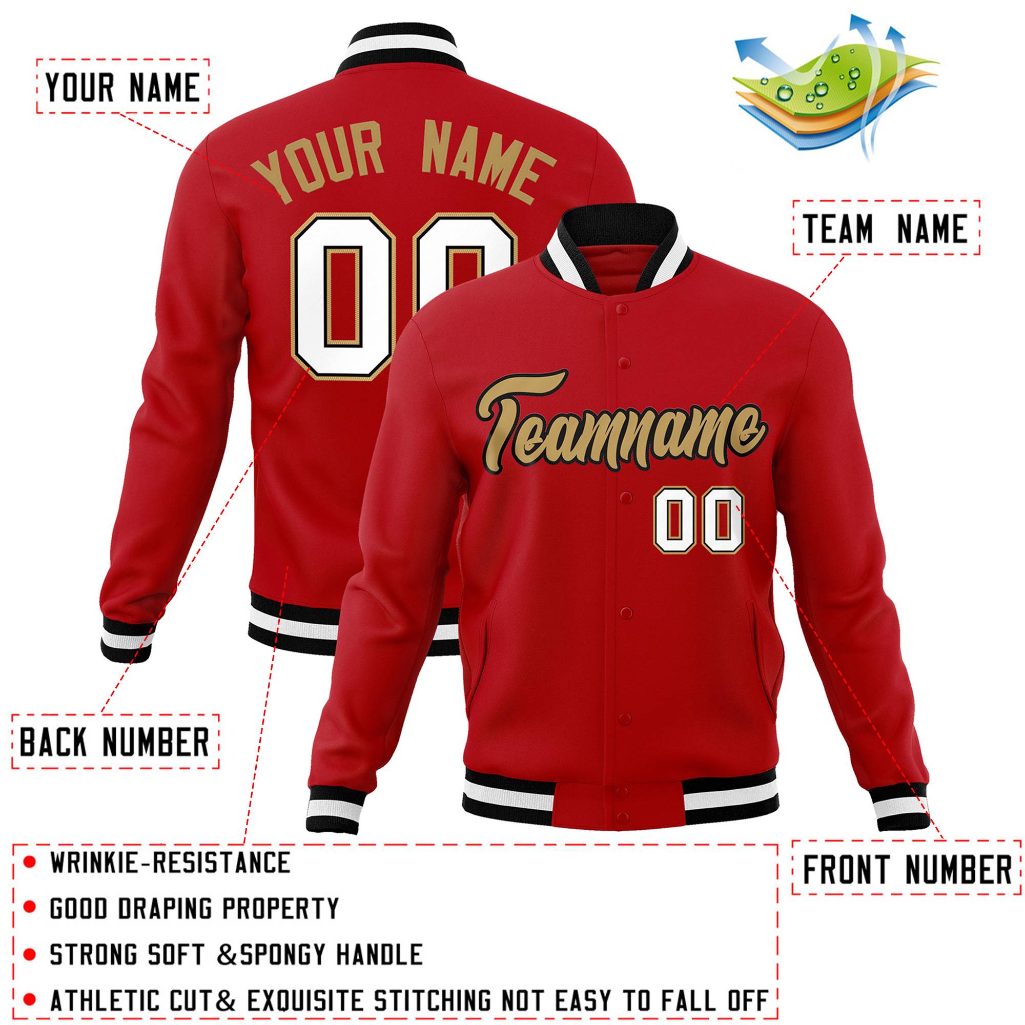 Custom Red Old Gold-Black Classic Style Varsity Full-Snap Letterman Jacket