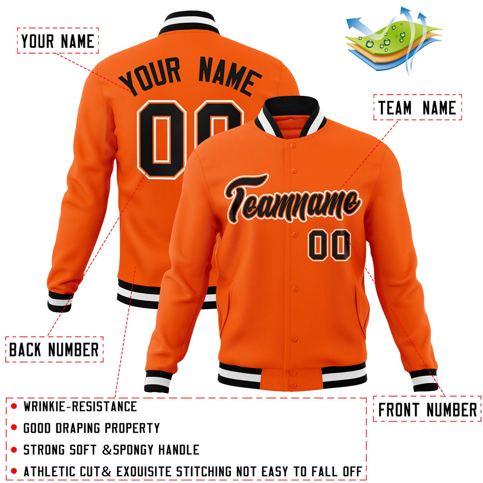 Custom Orange Black-Orange Classic Style Varsity Full-Snap Letterman Jacket