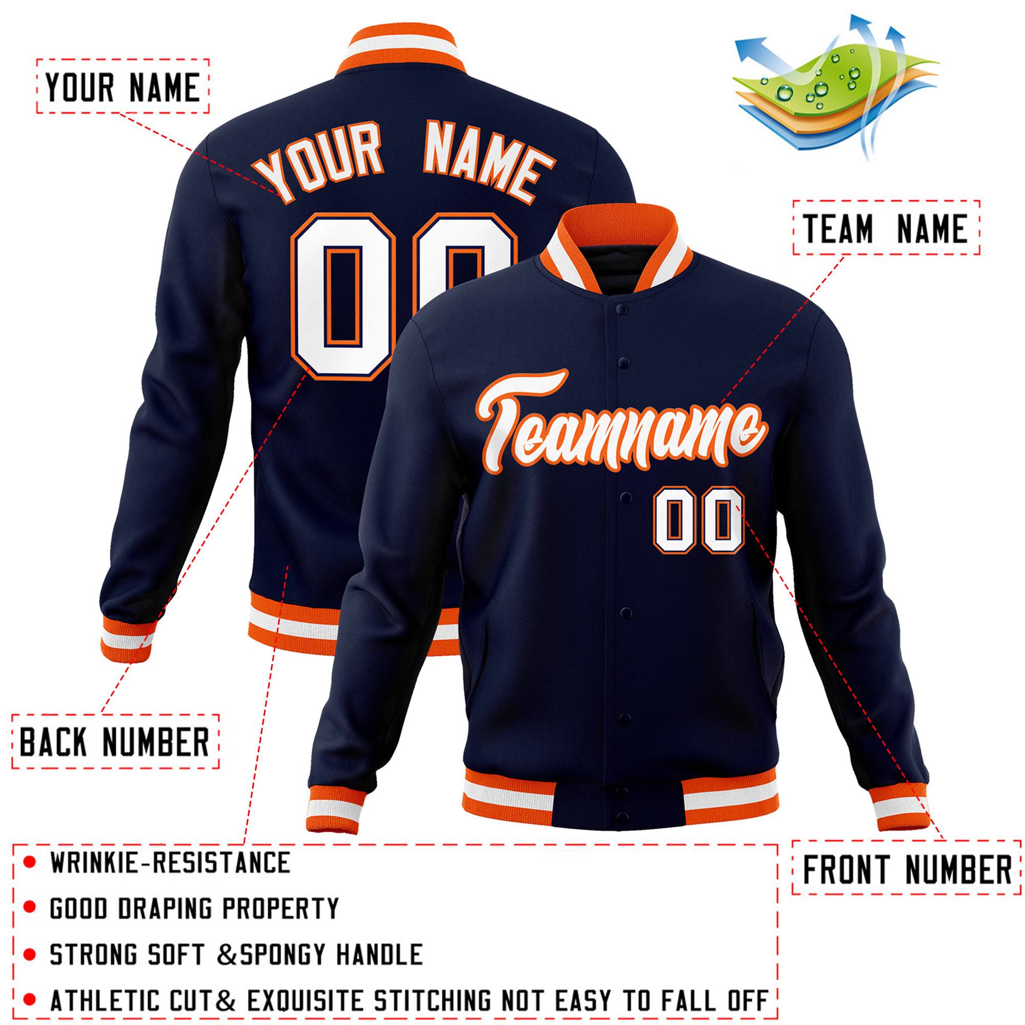 Custom Navy White-Orange Classic Style Varsity Full-Snap Letterman Jacket