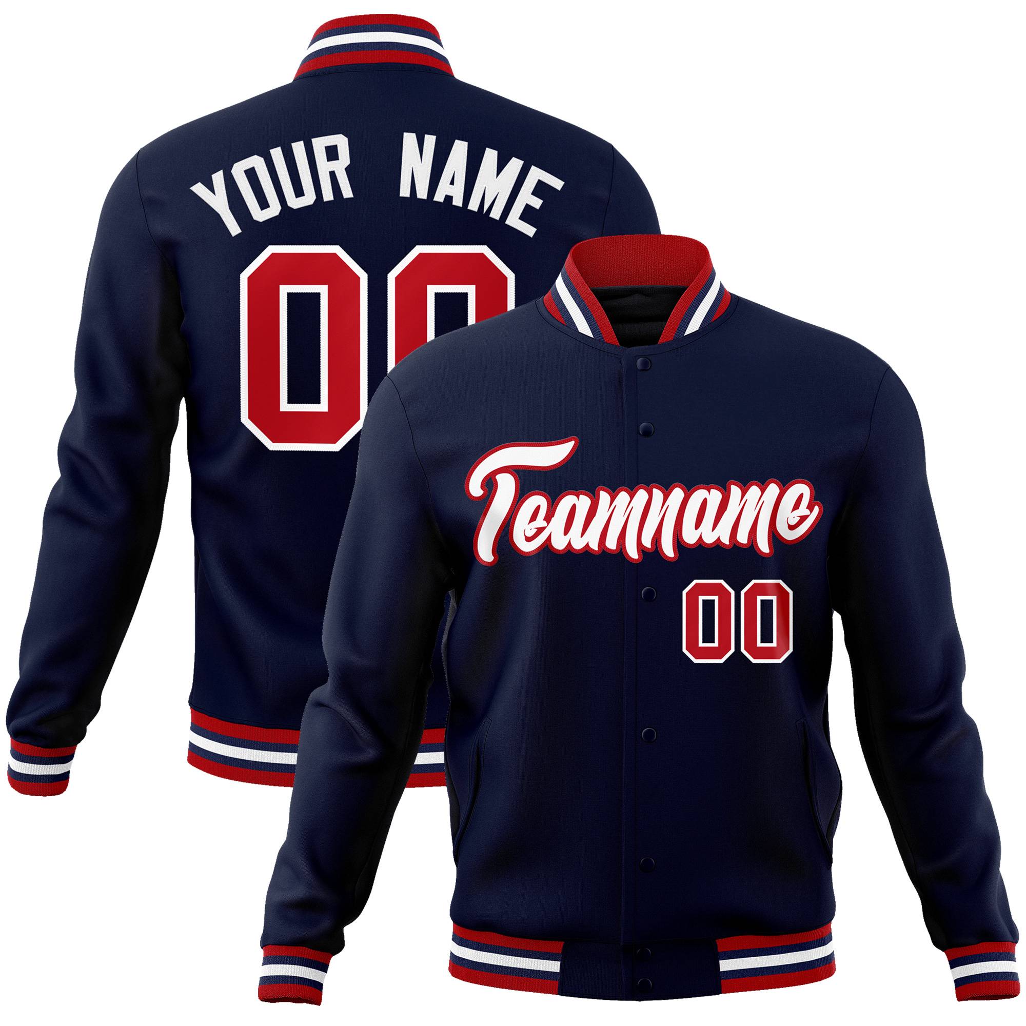 Custom Navy White-Red Classic Style Varsity Full-Snap Letterman Jacket