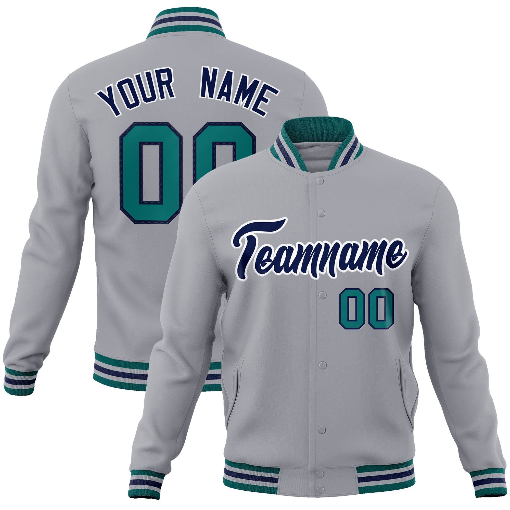 Custom Gray Navy-White Classic Style Varsity Full-Snap Letterman Jacket