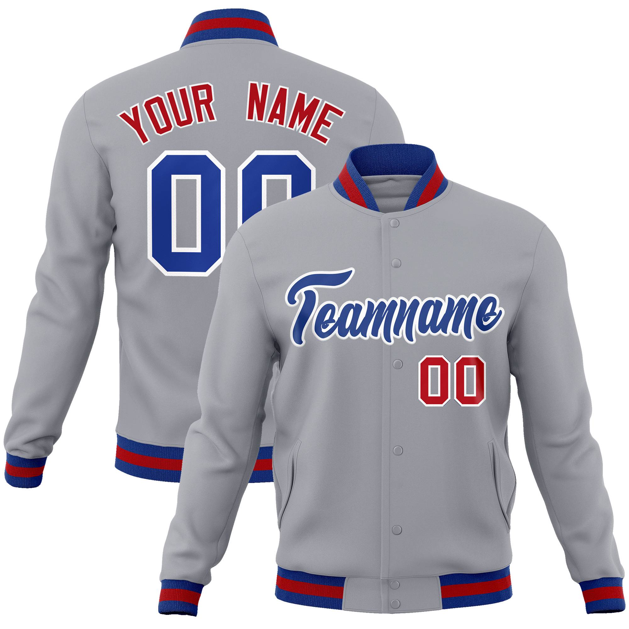 Custom Gray Royal-White Classic Style Varsity Full-Snap Letterman Jacket