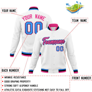 Custom White Pink-Powder Blue Classic Style Varsity Full-Snap Letterman Jacket