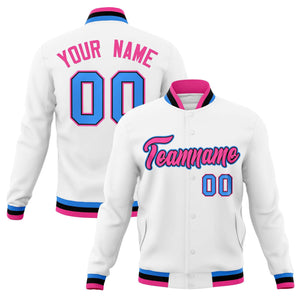 Custom White Pink-Powder Blue Classic Style Varsity Full-Snap Letterman Jacket