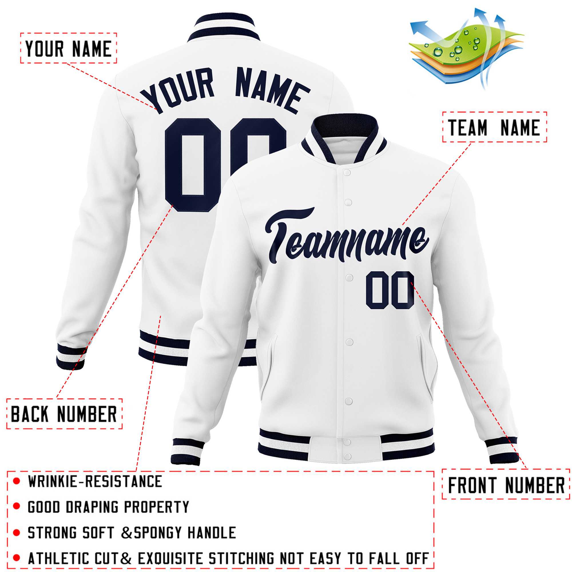 Custom White Navy Classic Style Varsity Full-Snap Letterman Jacket