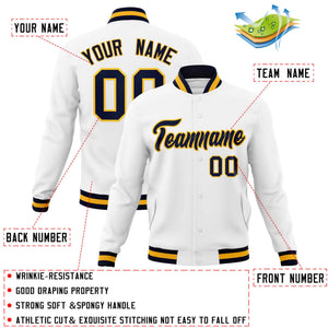 Custom White Navy-Gold Classic Style Varsity Full-Snap Letterman Jacket