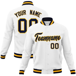 Custom White Navy-Gold Classic Style Varsity Full-Snap Letterman Jacket